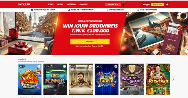 Screenshot van de homepage van Jacks online Casino Nederland