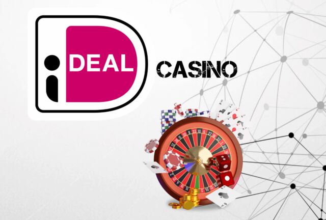 iDEAL-betaalsysteemembleem op de achtergrond van roulette, kaarten en fiches