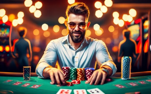 Een man aan een pokertafel met fiches