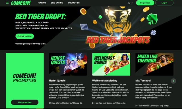 Screenshot van de homepage van ComeOn online Casino Nederland